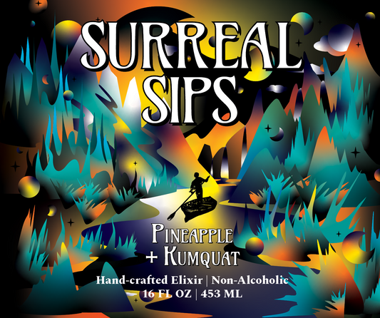 Surreal Sips Pineapple & Kumquat hand-crafted non-alcoholic elixir, 16 FL OZ – colorful psychedelic label featuring a person kayaking through a surreal abstract landscape