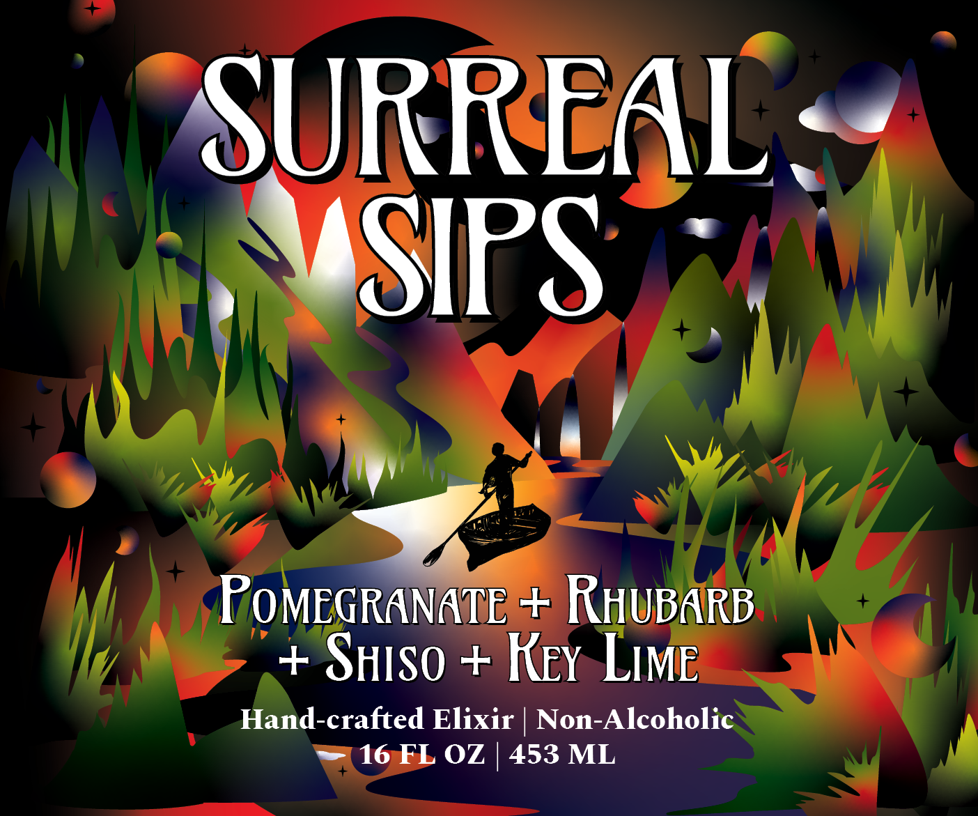 Surreal Sips Pomegranate + Rhubarb + Shiso + Key Lime hand-crafted non-alcoholic elixir, 16 FL OZ – psychedelic label with green forest landscape and silhouetted kayaker