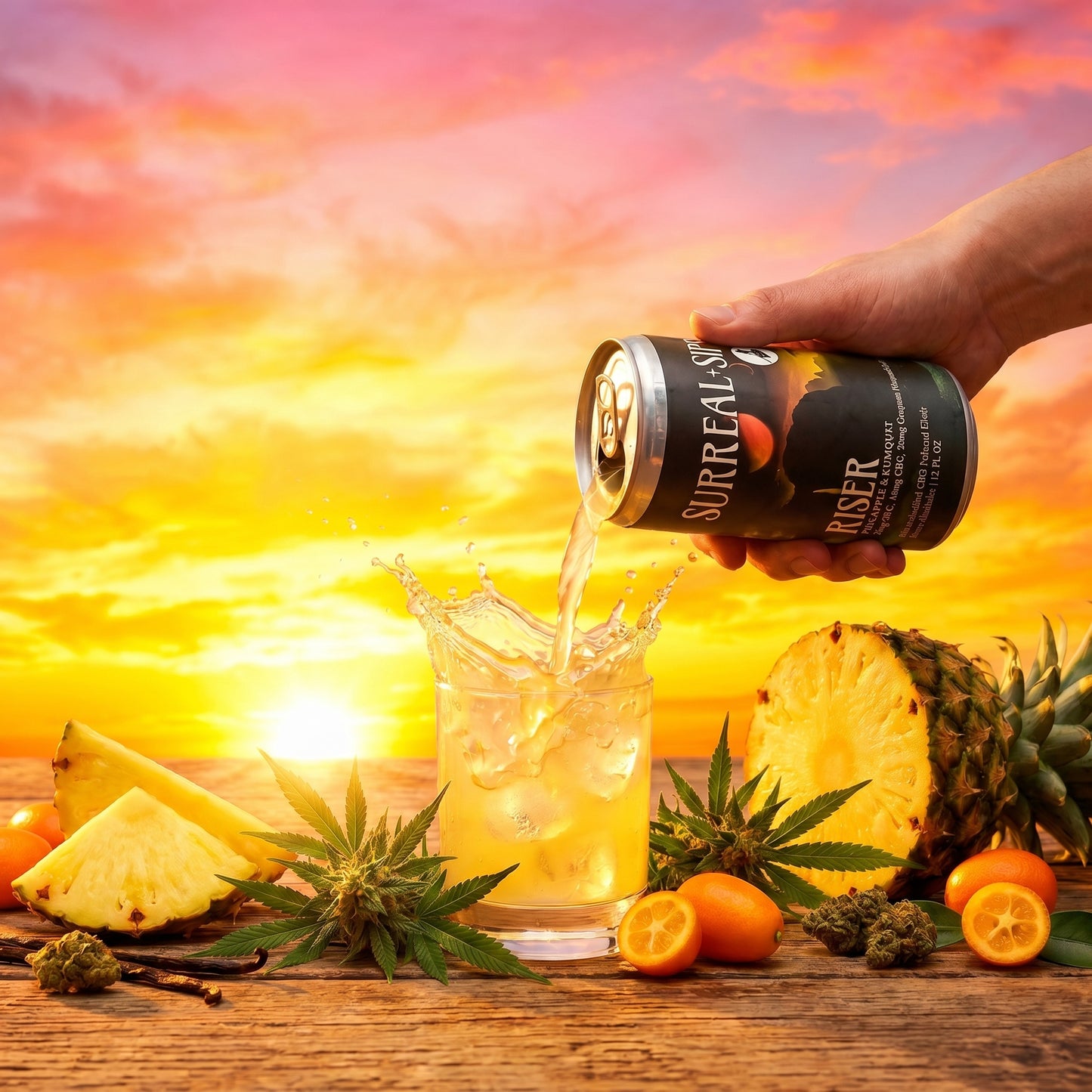 Surreal Sips Riser THC seltzer poured into a glass over ice with pineapple and citrus at sunrise