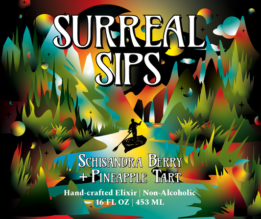 Surreal Sips Schisandra Berry + Pineapple Tart hand-crafted non-alcoholic elixir, 16 FL OZ – psychedelic label with colorful forest landscape and silhouetted kayaker