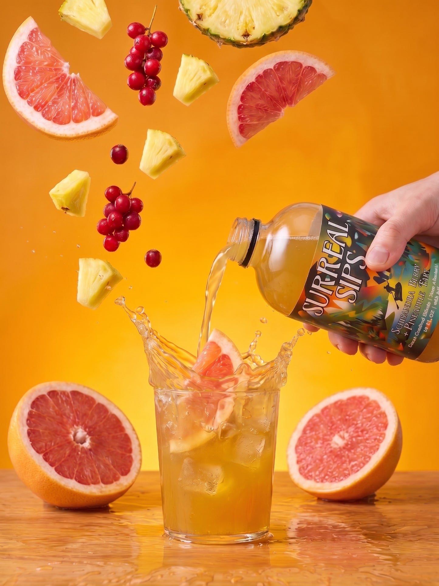 Surreal Sips Schisandra Berry & Pineapple Tart elixir poured over ice with grapefruit, pineapple, and berries