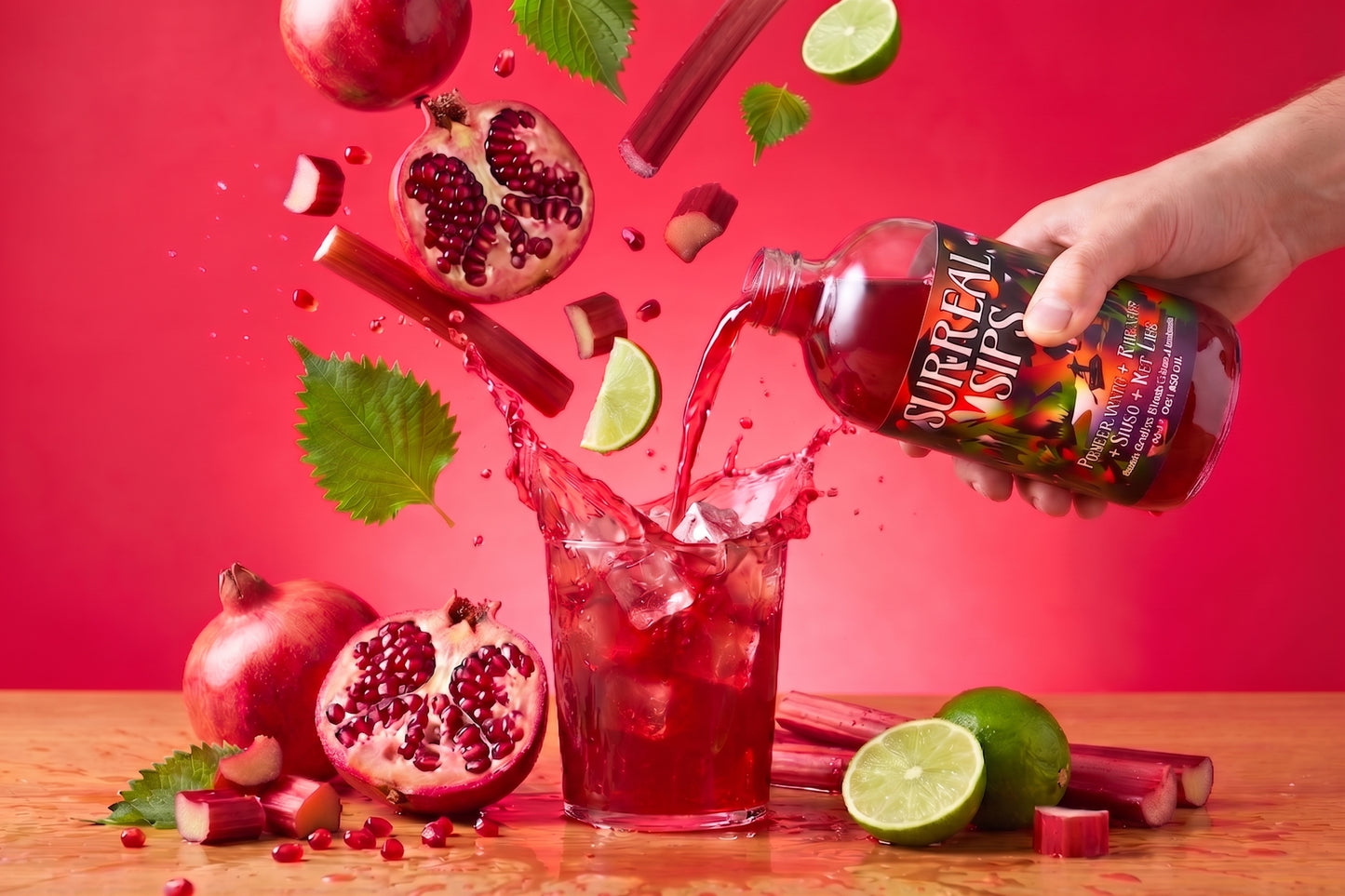 Surreal Sips Pomegranate, Rhubarb, Shiso & Key Lime elixir poured over ice with pomegranate, lime, and rhubarb