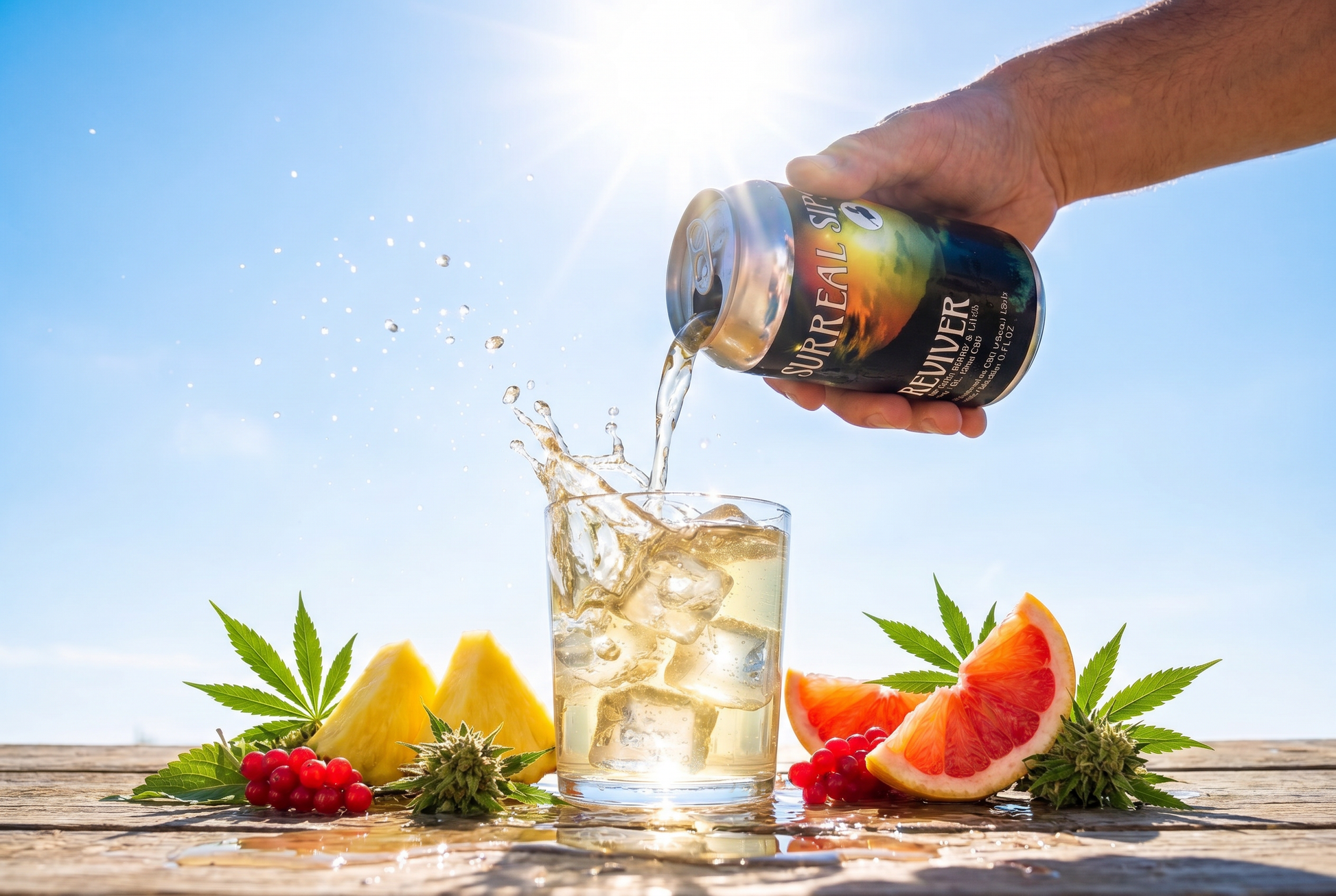 Surreal Sips Reviver THC seltzer poured over ice with grapefruit and berries under a bright blue sky