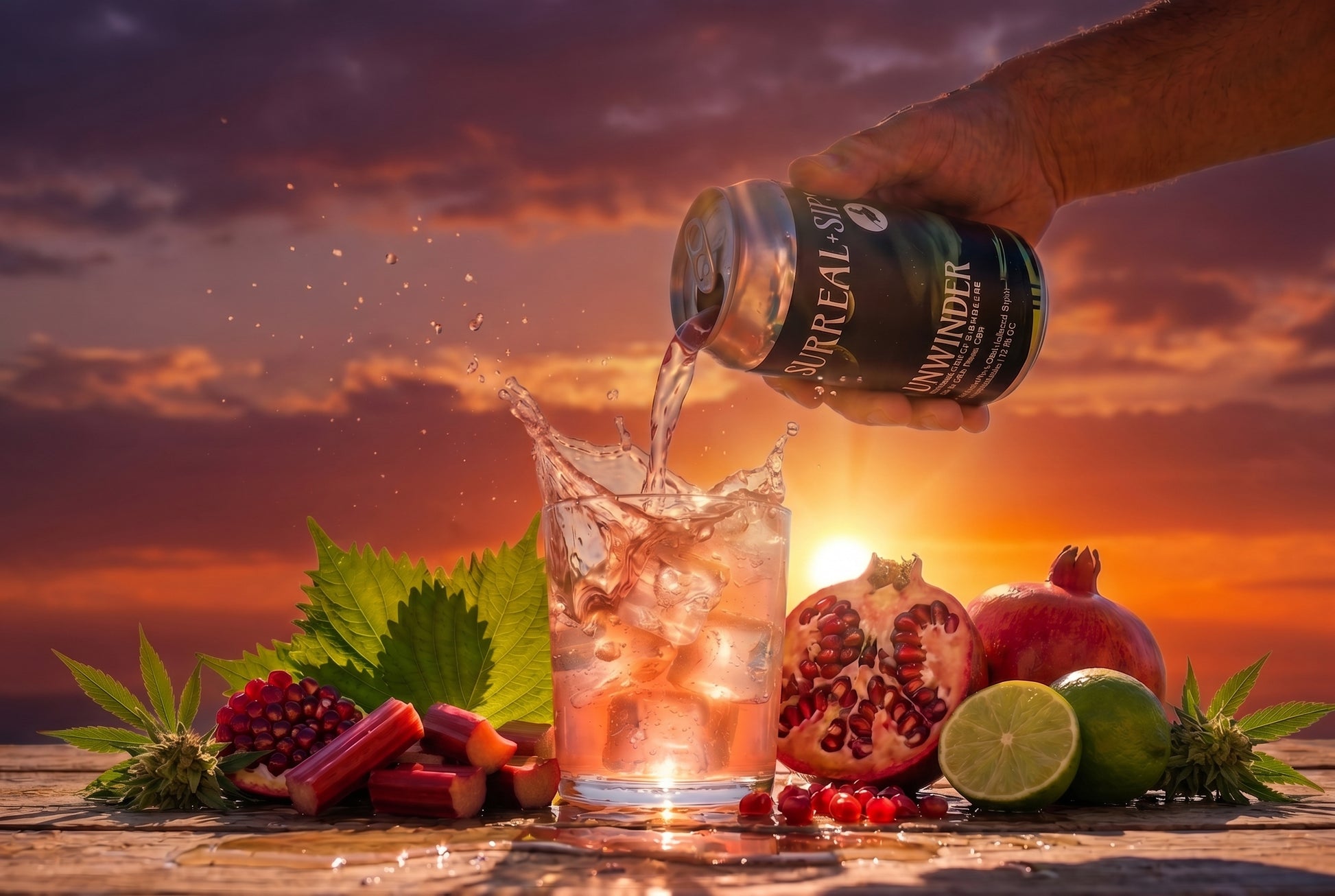 Surreal Sips Unwinder THC seltzer poured over ice with pomegranate and lime at sunset